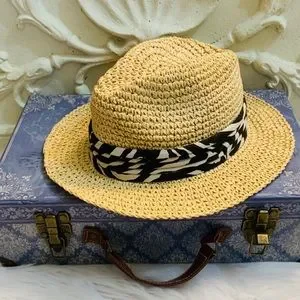 NWT One of a Kind Handcrafted Thick Nap Wool Zebra Print Fedora with Ribbon Band TrendsBlue Animal Print Ribbon Band Fedora Straw Hat, Dark  main image 3